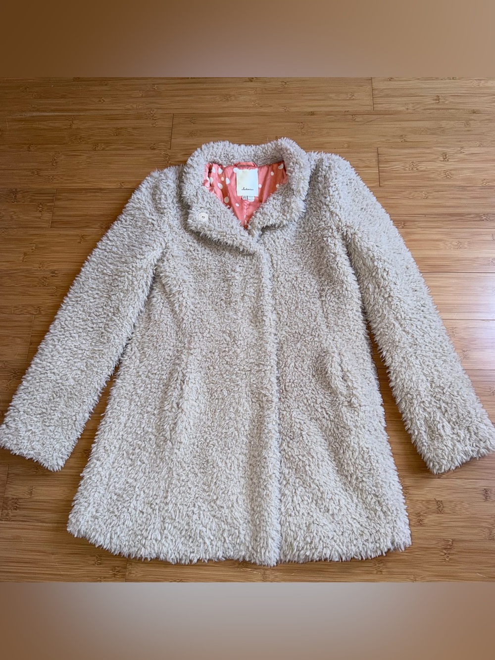 Anthropologie Elevenses Coat Womens 2 Beige Faux Fur Sherpa Snap Front Jacket